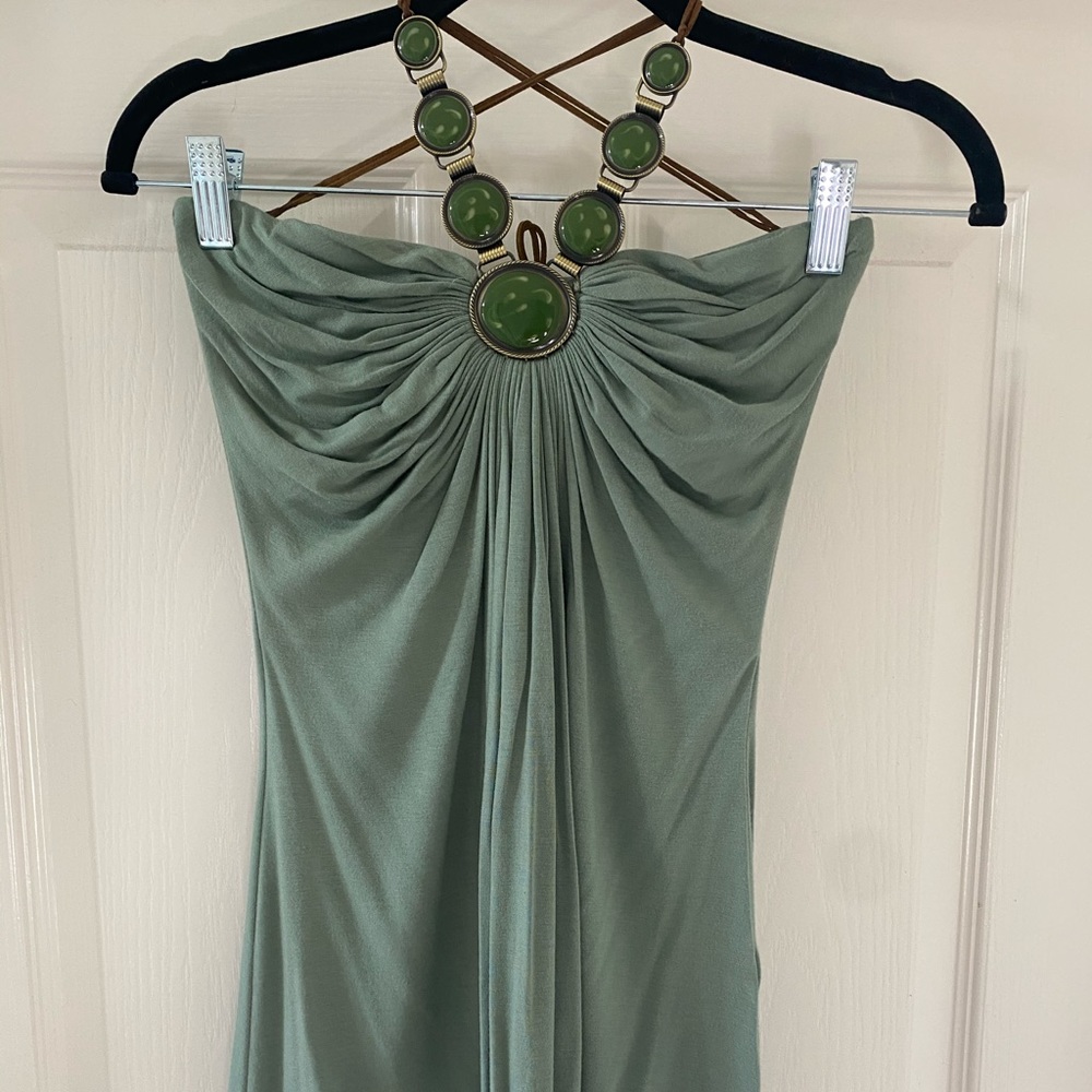 Sky sage colored strapless jeweled neck top